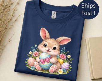 Paashaasshirt, pastelkleurige lente-T-shirt met bloemen, feestelijke kleding voor eieren zoeken