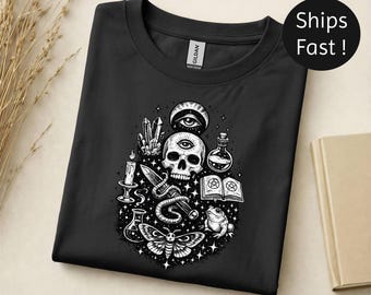 Witchy-shirt, gotisch occult T-shirt, mystieke schedelkunst