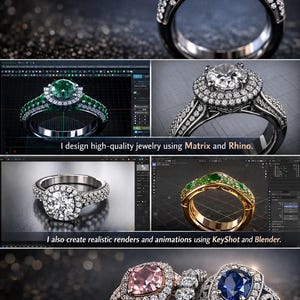 Op de afbeelding: Afbeelding met sieradenontwerp en rendering. De tekst luidt: "Hallo! Ik ben Mohammad Hamza, een professionele Jewelry CAD Designer." De afbeelding toont ringen met witte, groene, roze en blauwe edelstenen. De tekst vermeldt ook het gebruik van Matrix, Rhino, KeyShot en Blender.