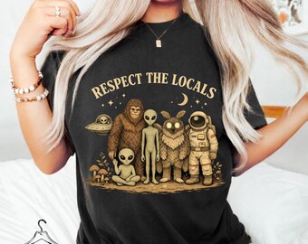 Respect The Locals PNG, Vintage Cryptid Alien Stamps, Bigfoot Mothman UFO Sublimation Design, Retro Camping Digital Download