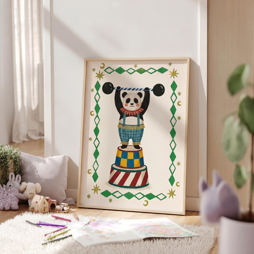Circus Panda Nursery Print | Strongman Kids Wall Art | Vintage Circus ...