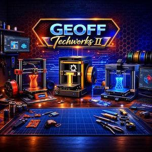 May include: A workshop featuring three 3D printers on a dark wooden desk with a blue grid mat. The center printer displays a glowing letter T. A neon sign above reads GEOFF Techworks II. Various tools, spools of filament, and computer monitors are present.
