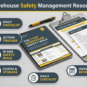 May include: A Warehouse Safety Management Resource kit featuring a tablet displaying The 7-Day Warehouse Safety Walk guide, a clipboard with a 15-Minute Safety Walk checklist, and a yellow and black pen. Includes icons for daily checklists and reviews.