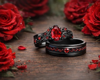 Juego de anillos de boda góticos para parejas | Anillo de compromiso negro y rojo | Alianza de dragón | Anillos a juego para él y para ella