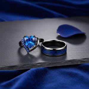 Black Couple Ring Set | Gothic Dragon Heart Wedding Bands | Unique His Hers Promise Rings