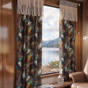 Rideaux Camping-Car Luxe en Pur Lin Plume de Paon | Décoration Caravane Boho Franges Macramé | Rideau Van Aménagé Sur Mesure