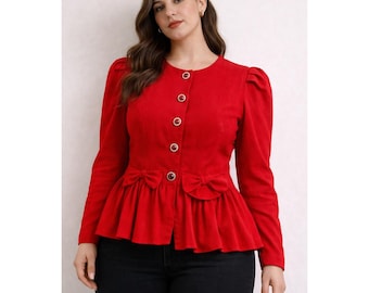 Chaqueta vintage de los 80 de Connections, roja, con peplum y lazo, mangas abullonadas plisadas, talla 12 (EE. UU.).