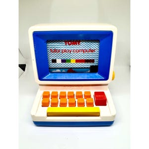 Vintage Tomy Tutor Lekdator Retro 80-tals Lärleksak Blå Vit Orange