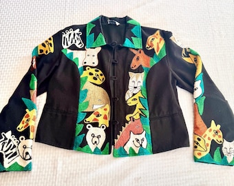 Vintage Anage Animal Embroidered Jacket Black Safari Art to Wear Novelty Coat