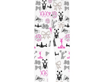 Kids Cheerleading Leggings — Pink & Gray Cheerleader Icons All-Over Print
