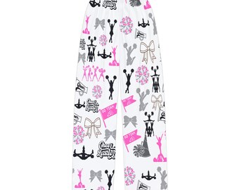 Cheerleader Print Kids Lounge Pants — Pink & Gray All-Over Cheer Design