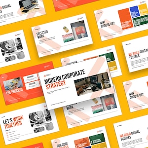 May include: A series of business presentation slides on a yellow background. The slides display text and graphics, including the phrases "Modern Corporate Strategy," "The Process," and "Our Core Services." The colour scheme includes orange, white, and green.