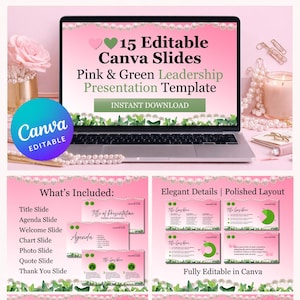 Puede incluir: Un portátil muestra una plantilla de presentación rosa y verde con el texto "15 diapositivas editables de Canva". La plantilla incluye diapositivas para un título, agenda, bienvenida, gráfico, foto, cita y agradecimiento. El logotipo de Canva es visible.