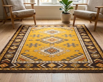 Handwoven Mustard Tribal Wool Kilim Rug, Southwestern Geometric Boho Dhurrie Carpet