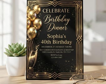 Elegant Black Gold Birthday Invitation, Editable Canva Template, Luxury Dinner Evite