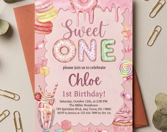 Sweet One 1st Birthday Invitation, Dessert Theme, Editable Canva Template (Digital Download)