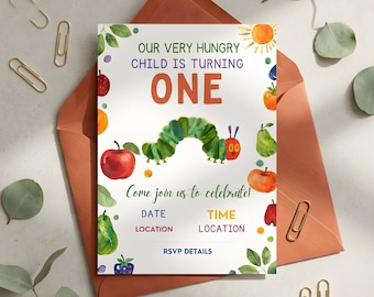 Very Hungry Caterpillar First Birthday Invitation, Editable Canva Template (Digital Download)
