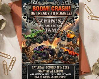 Monster Truck Birthday Invitation, Editable Canva Template, Boys Truck Party Evite (Digital Download)
