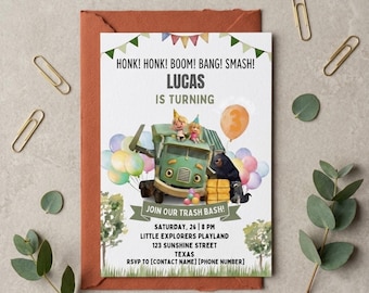 Trash Truck Birthday Invitation, Editable Canva Template, Kids Party Invite (Instant Download)