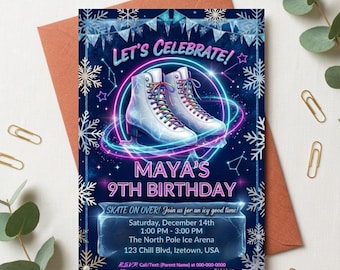 Ice Skating Birthday Invitation, Glow Disco Rainbow Party Template (Digital Download)