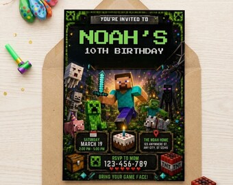 Pixel Block Birthday Invitation, Editable Boys Gamer Party Invite, Adventure Kids Birthday Template, Canva Printable, Digital Download
