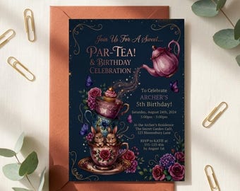 Tea Party Birthday Invitation, Pink Floral Whimsical Par-tea Canva Template (Digital Download)