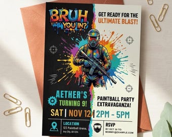 Paintball Birthday Invitation, Editable Canva Template, Boys Party Invite (5x7)