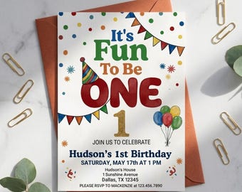 Fun to Be One Birthday Invitation, Whimsical Party Hat, Custom Photo (Canva Template)
