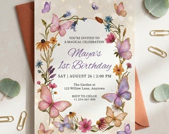 Butterfly Birthday Invitation, Purple Pink Floral Watercolor Invite (Digital Download)