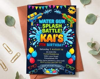 Water Gun Birthday Invitation, Pool Party Neon Glow Water Balloon Bash Invite for Boys Kids, Editable Canva Template, Instant Download