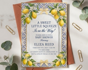 Lemon Baby Shower Invitation, Citrus Theme, Yellow Stripe, Editable Canva (Digital Download)