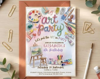 Art Party Birthday Invitation, Pastel Rainbow Paint Theme, Canva Template (Digital Download)