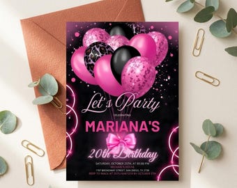 Pink Gold Glitter Balloon Birthday Invitation (Editable Canva Template)
