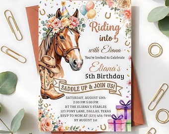 Editable Horse Birthday Invitation, Pink Floral Cowgirl Pony Party Invite (Digital Download)
