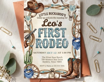 First Rodeo Birthday Invitation, Cowboy Cowgirl Western Party Template (Digital Download)