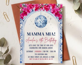 Mamma Mia Birthday Invitation, Mediterranean Disco Dancing Queen Evite (Canva Template)