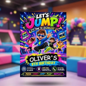 May include: A birthday party invitation flyer titled LET'S JUMP! featuring four cartoon children jumping on a trampoline. The text includes OLIVER'S 8TH BIRTHDAY, Saturday September 10 at 5:00 PM, Jump Zone 723 Main Street Manhattan, NY 1245, and RSVP to Mom.