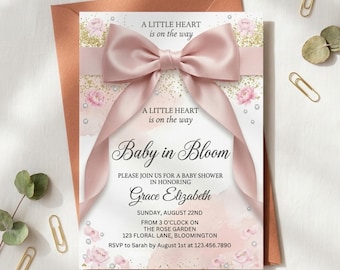 Blush Pink Bow Baby Shower Invitation, Watercolor Floral Coquette Invite (Digital Download)