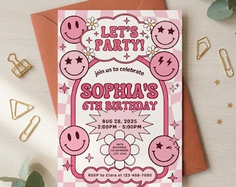 Pink Retro Smiley Birthday Invitation, Editable Canva Template, Preppy Party Invite (Digital Download)