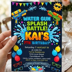 Inbjudan till vattenpistolfödelsedag, inbjudan till barnens sommarplaskfest, poolparty med vattenslagsmål, trädgårdsfest, Canva-mall, direktnedladdning