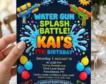 Water Gun Birthday Invitation, Kids Summer Splash Party Invite, Pool Party Water Fight, Backyard Bash, Canva Template, Instant Download