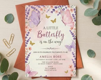 Butterfly Baby Shower Invitation, Pink Purple Floral Template, Girl (Digital Download)