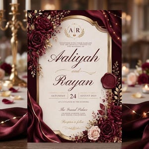 Op de afbeelding: Een trouwuitnodigingskaart met een crèmekleurig midden en gouden randen, versierd met dieprode rozen en gouden bladeren. De tekst luidt Aaliyah and Rayan, Saturday 24 August 2025, at 6 o'clock, The Grand Palace, San Diego, California.
