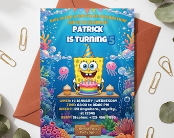 Sponge Cake Birthday Invitation, Under the Sea Cartoon Party Invite (Digital Download)