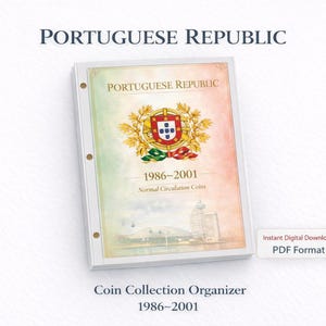 Puede incluir: Un organizador blanco para colecciones de monedas titulado "República Portuguesa" con texto y un escudo de armas. La portada muestra los años 1986-2001 y las palabras "Monedas de circulación normal". La parte inferior dice "Organizador de colección de monedas 1986-2001".