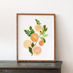 Oranges and Greenery Citrus Fine Art Print - Orange Artwork modern watercolor illustration fruit green boho bohemian kitchen home decor