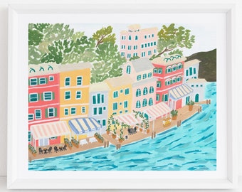 Portofino Italy City Colorful Houses - Street Art Print Painting Italian Europe Charming Travel Artwork Wall Decor