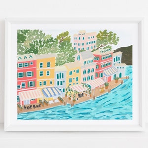 Portofino Italy City Colorful Houses - Street Art Print Painting Italian Europe Charming Travel Artwork Wall Decor