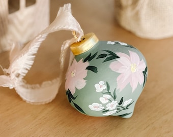 Pink Dahlias on Green - Hand Painted Ceramic Christmas Ornament pink white Hamptons  grandmillenial chiffon ribbon holiday gift