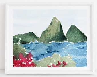 Saint Lucia Island Tropical Watercolor Art Print - Painting Caribbean Charming Travel Artwork Wall Decor St Lucia